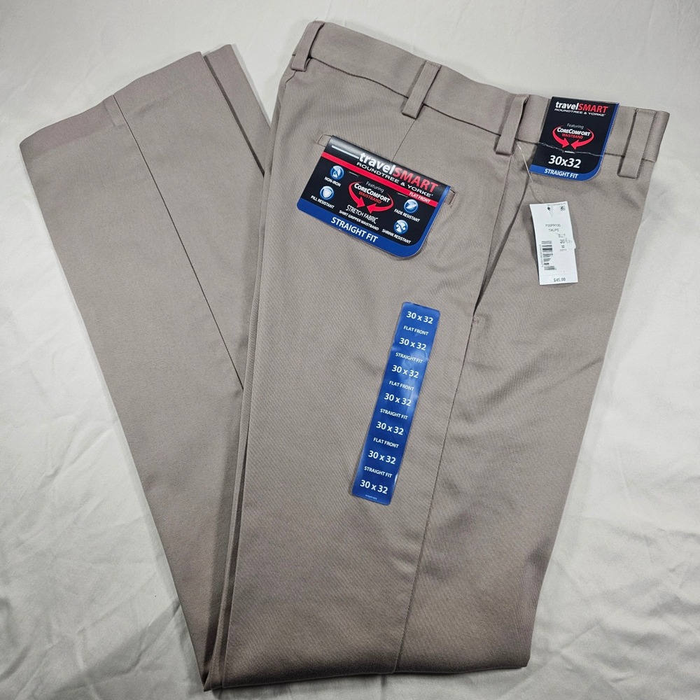 Roundtree & Yorke 30x32 Taupe TravelSMART Straight Flat Frt Chino Pants NWT 1594